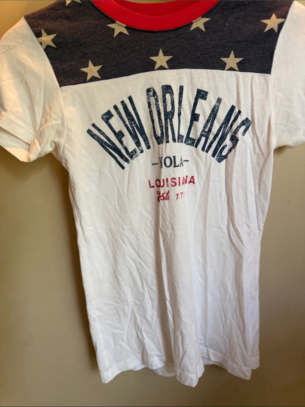 New Orleans Graphic Ringer Tee — White with Navy & Red Accents